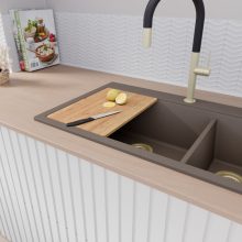 HD Aspen Tortora 78 kétmedencés gránit mosogatótálca szett, vágódeszkával, matt fekete csepegtetőráccsal és krómozott kosárral, tortora színben, szálcsiszolt arany leeresztő szifonnal