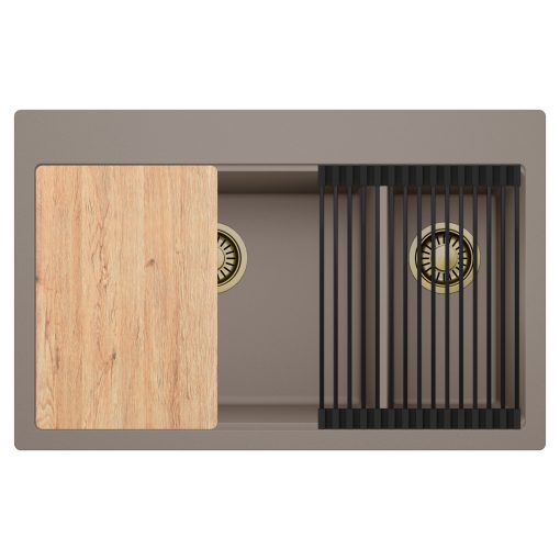 HD Aspen Tortora 78 kétmedencés gránit mosogatótálca szett, vágódeszkával, matt fekete csepegtetőráccsal, tortora színben, szálcsiszolt arany leeresztő szifonnal