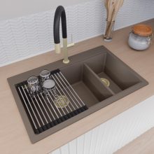 HD Aspen Tortora 78 kétmedencés gránit mosogatótálca szett, vágódeszkával, acél csepegtetőráccsal és matt fekete kosárral, tortora színben, szálcsiszolt arany leeresztő szifonnal