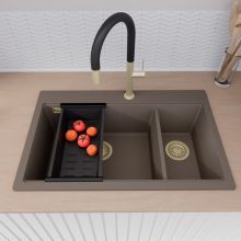 HD Aspen Tortora 78 kétmedencés gránit mosogatótálca szett, vágódeszkával, acél csepegtetőráccsal és matt fekete kosárral, tortora színben, szálcsiszolt arany leeresztő szifonnal