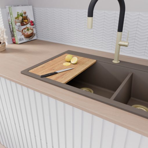 HD Aspen Tortora 78 kétmedencés gránit mosogatótálca szett, vágódeszkával, acél csepegtetőráccsal és kosárral, tortora színben, szálcsiszolt arany leeresztő szifonnal