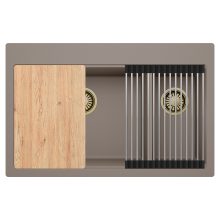 HD Aspen Tortora 78 kétmedencés gránit mosogatótálca szett, vágódeszkával, acél csepegtetőráccsal, tortora színben, szálcsiszolt arany leeresztő szifonnal