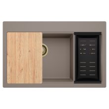 HD Aspen Tortora 78 kétmedencés gránit mosogatótálca szett, vágódeszkával, matt fekete csepegtetőkosárral, tortora színben, szálcsiszolt arany leeresztő szifonnal