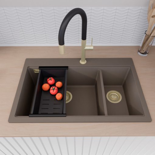 HD Aspen Tortora 78 kétmedencés gránit mosogatótálca szett, vágódeszkával, matt fekete csepegtetőkosárral, tortora színben, szálcsiszolt arany leeresztő szifonnal