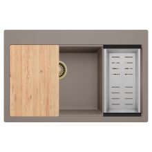 HD Aspen Tortora 78 kétmedencés gránit mosogatótálca szett, vágódeszkával, acél csepegtetőkosárral, tortora színben, szálcsiszolt arany leeresztő szifonnal