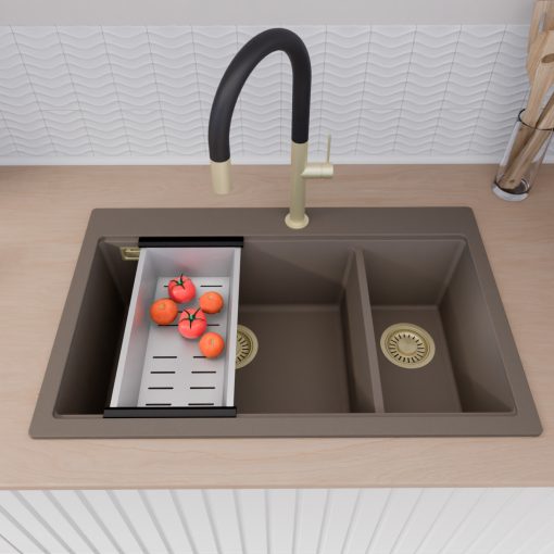 HD Aspen Tortora 78 kétmedencés gránit mosogatótálca szett, vágódeszkával, acél csepegtetőkosárral, tortora színben, szálcsiszolt arany leeresztő szifonnal