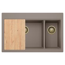 HD Aspen Tortora 78 kétmedencés gránit mosogatótálca, vágódeszkával, tortora színben, szálcsiszolt arany leeresztő szifonnal