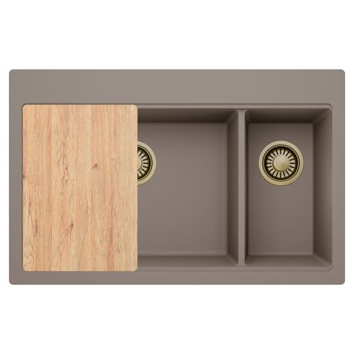 HD Aspen Tortora 78 kétmedencés gránit mosogatótálca, vágódeszkával, tortora színben, szálcsiszolt arany leeresztő szifonnal