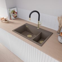 HD Aspen Tortora 78 kétmedencés gránit mosogatótálca, vágódeszkával, tortora színben, szálcsiszolt arany leeresztő szifonnal