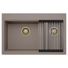 HD Aspen Tortora 78 kétmedencés gránit mosogatótálca szett, acél csepegtetőráccsal, tortora színben, szálcsiszolt arany leeresztő szifonnal