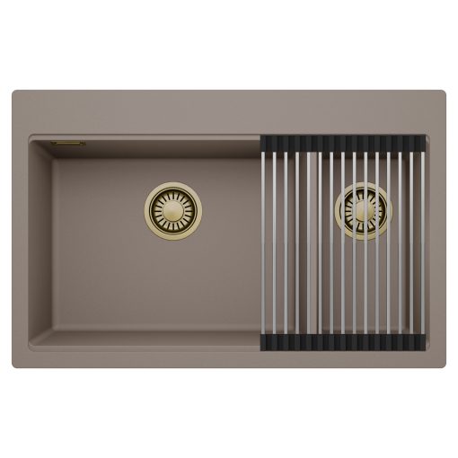 HD Aspen Tortora 78 kétmedencés gránit mosogatótálca szett, acél csepegtetőráccsal, tortora színben, szálcsiszolt arany leeresztő szifonnal