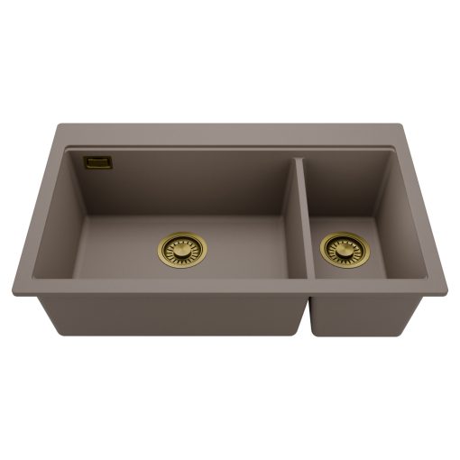 HD Aspen Tortora 78 kétmedencés gránit mosogatótálca, tortora színben, szálcsiszolt arany leeresztő szifonnal