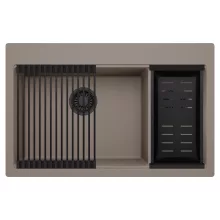 HD Aspen Tortora 78 kétmedencés gránit mosogatótálca szett, matt fekete csepegtetőráccsal és kosárral, tortora színben, matt fekete leeresztő szifonnal