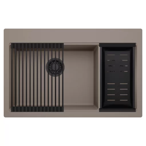 HD Aspen Tortora 78 kétmedencés gránit mosogatótálca szett, matt fekete csepegtetőráccsal és kosárral, tortora színben, matt fekete leeresztő szifonnal