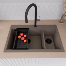 HD Aspen Tortora 78 kétmedencés gránit mosogatótálca szett, matt fekete csepegtetőráccsal és kosárral, tortora színben, matt fekete leeresztő szifonnal