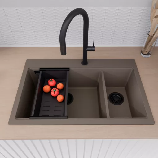 HD Aspen Tortora 78 kétmedencés gránit mosogatótálca szett, matt fekete csepegtetőráccsal és kosárral, tortora színben, matt fekete leeresztő szifonnal