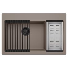 HD Aspen Tortora 78 kétmedencés gránit mosogatótálca szett, matt fekete csepegtetőráccsal és krómozott kosárral, tortora színben, matt fekete leeresztő szifonnal
