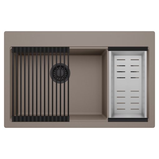 HD Aspen Tortora 78 kétmedencés gránit mosogatótálca szett, matt fekete csepegtetőráccsal és krómozott kosárral, tortora színben, matt fekete leeresztő szifonnal