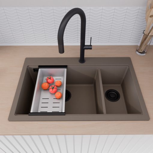 HD Aspen Tortora 78 kétmedencés gránit mosogatótálca szett, matt fekete csepegtetőráccsal és krómozott kosárral, tortora színben, matt fekete leeresztő szifonnal