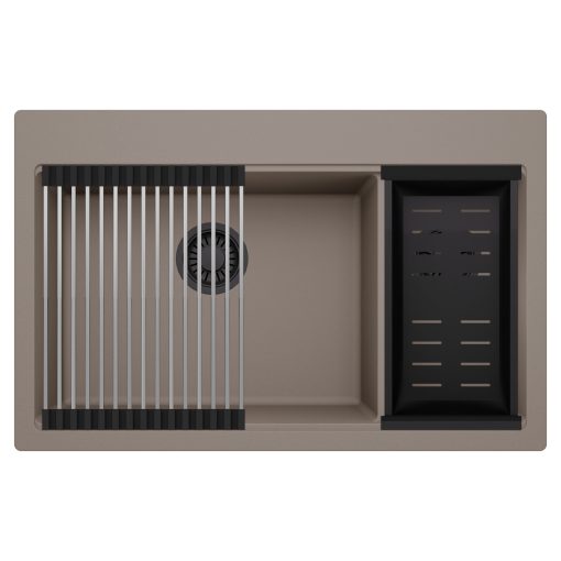 HD Aspen Tortora 78 kétmedencés gránit mosogatótálca szett, acél csepegtetőráccsal és matt fekete kosárral, tortora színben, matt fekete leeresztő szifonnal