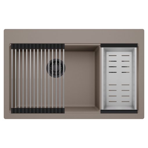 HD Aspen Tortora 78 kétmedencés gránit mosogatótálca szett, acél csepegtetőráccsal és kosárral, tortora színben, matt fekete leeresztő szifonnal