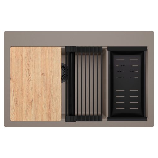 HD Aspen Tortora 78 kétmedencés gránit mosogatótálca szett, vágódeszkával, matt fekete csepegtetőráccsal és kosárral, tortora színben, matt fekete leeresztő szifonnal