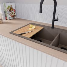 HD Aspen Tortora 78 kétmedencés gránit mosogatótálca szett, vágódeszkával, matt fekete csepegtetőráccsal és kosárral, tortora színben, matt fekete leeresztő szifonnal