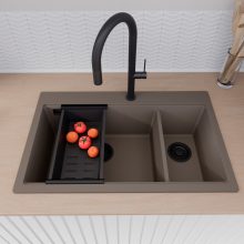 HD Aspen Tortora 78 kétmedencés gránit mosogatótálca szett, vágódeszkával, matt fekete csepegtetőráccsal és kosárral, tortora színben, matt fekete leeresztő szifonnal