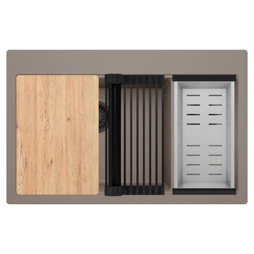 HD Aspen Tortora 78 kétmedencés gránit mosogatótálca szett, vágódeszkával, matt fekete csepegtetőráccsal és krómozott kosárral, tortora színben, matt fekete leeresztő szifonnal