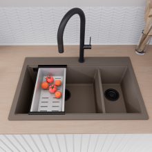 HD Aspen Tortora 78 kétmedencés gránit mosogatótálca szett, vágódeszkával, matt fekete csepegtetőráccsal és krómozott kosárral, tortora színben, matt fekete leeresztő szifonnal
