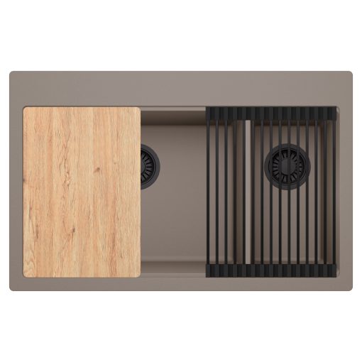 HD Aspen Tortora 78 kétmedencés gránit mosogatótálca szett, vágódeszkával, matt fekete csepegtetőráccsal, tortora színben, matt fekete leeresztő szifonnal