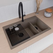 HD Aspen Tortora 78 kétmedencés gránit mosogatótálca szett, vágódeszkával, matt fekete csepegtetőráccsal, tortora színben, matt fekete leeresztő szifonnal