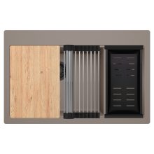 HD Aspen Tortora 78 kétmedencés gránit mosogatótálca szett, vágódeszkával, acél csepegtetőráccsal és matt fekete kosárral, tortora színben, matt fekete leeresztő szifonnal