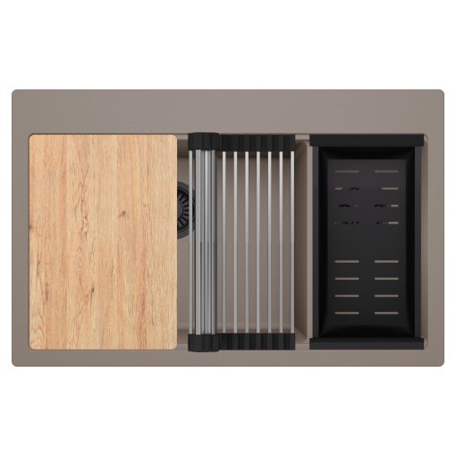 HD Aspen Tortora 78 kétmedencés gránit mosogatótálca szett, vágódeszkával, acél csepegtetőráccsal és matt fekete kosárral, tortora színben, matt fekete leeresztő szifonnal