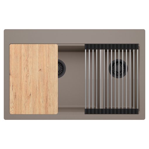 HD Aspen Tortora 78 kétmedencés gránit mosogatótálca szett, vágódeszkával, acél csepegtetőráccsal, tortora színben, matt fekete leeresztő szifonnal