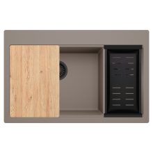 HD Aspen Tortora 78 kétmedencés gránit mosogatótálca szett, vágódeszkával, matt fekete csepegtetőkosárral, tortora színben, matt fekete leeresztő szifonnal