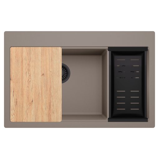 HD Aspen Tortora 78 kétmedencés gránit mosogatótálca szett, vágódeszkával, matt fekete csepegtetőkosárral, tortora színben, matt fekete leeresztő szifonnal