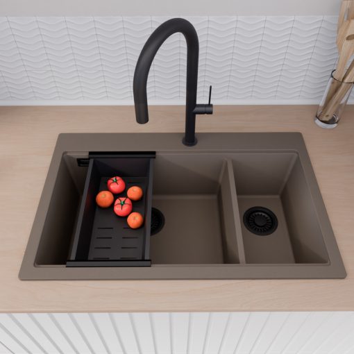 HD Aspen Tortora 78 kétmedencés gránit mosogatótálca szett, vágódeszkával, matt fekete csepegtetőkosárral, tortora színben, matt fekete leeresztő szifonnal