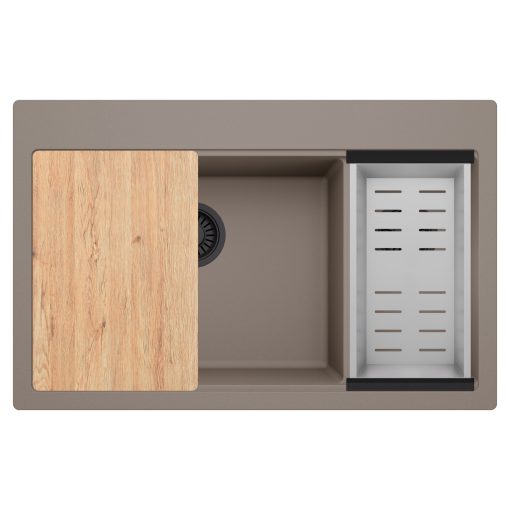 HD Aspen Tortora 78 kétmedencés gránit mosogatótálca szett, vágódeszkával, acél csepegtetőkosárral, tortora színben, matt fekete leeresztő szifonnal