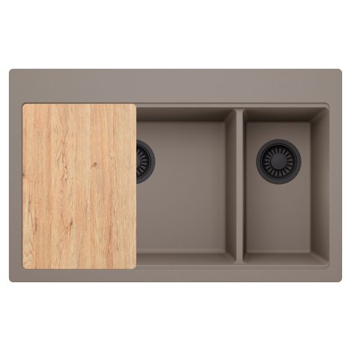 HD Aspen Tortora 78 kétmedencés gránit mosogatótálca, vágódeszkával, tortora színben, matt fekete leeresztő szifonnal