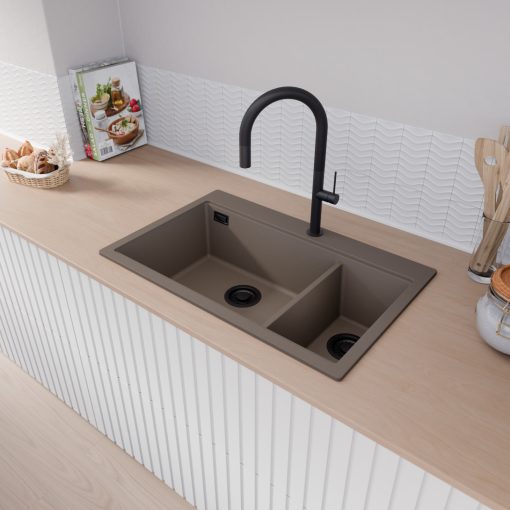 HD Aspen Tortora 78 kétmedencés gránit mosogatótálca, vágódeszkával, tortora színben, matt fekete leeresztő szifonnal