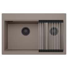 HD Aspen Tortora 78 kétmedencés gránit mosogatótálca szett, acél csepegtetőráccsal, tortora színben, matt fekete leeresztő szifonnal