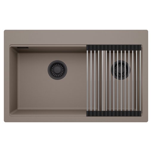 HD Aspen Tortora 78 kétmedencés gránit mosogatótálca szett, acél csepegtetőráccsal, tortora színben, matt fekete leeresztő szifonnal