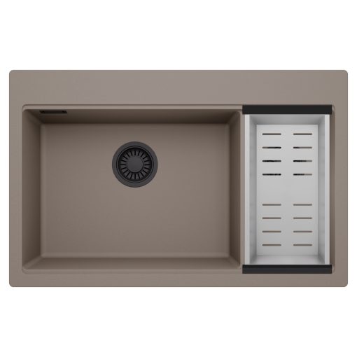 HD Aspen Tortora 78 kétmedencés gránit mosogatótálca szett, acél csepegtetőkosárral, tortora színben, matt fekete leeresztő szifonnal