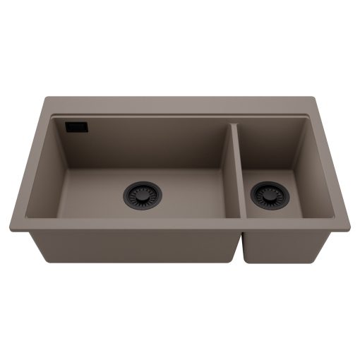 HD Aspen Tortora 78 kétmedencés gránit mosogatótálca, tortora színben, matt fekete leeresztő szifonnal