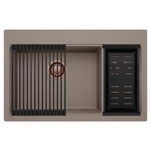 HD Aspen Tortora 78 kétmedencés gránit mosogatótálca szett, matt fekete csepegtetőráccsal és kosárral, tortora színben, szálcsiszolt réz leeresztő szifonnal
