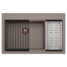 HD Aspen Tortora 78 kétmedencés gránit mosogatótálca szett, matt fekete csepegtetőráccsal és krómozott kosárral, tortora színben, szálcsiszolt réz leeresztő szifonnal