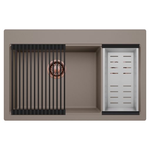 HD Aspen Tortora 78 kétmedencés gránit mosogatótálca szett, matt fekete csepegtetőráccsal és krómozott kosárral, tortora színben, szálcsiszolt réz leeresztő szifonnal