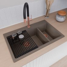 HD Aspen Tortora 78 kétmedencés gránit mosogatótálca szett, matt fekete csepegtetőráccsal és krómozott kosárral, tortora színben, szálcsiszolt réz leeresztő szifonnal