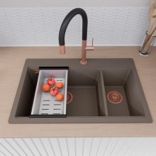 HD Aspen Tortora 78 kétmedencés gránit mosogatótálca szett, matt fekete csepegtetőráccsal és krómozott kosárral, tortora színben, szálcsiszolt réz leeresztő szifonnal